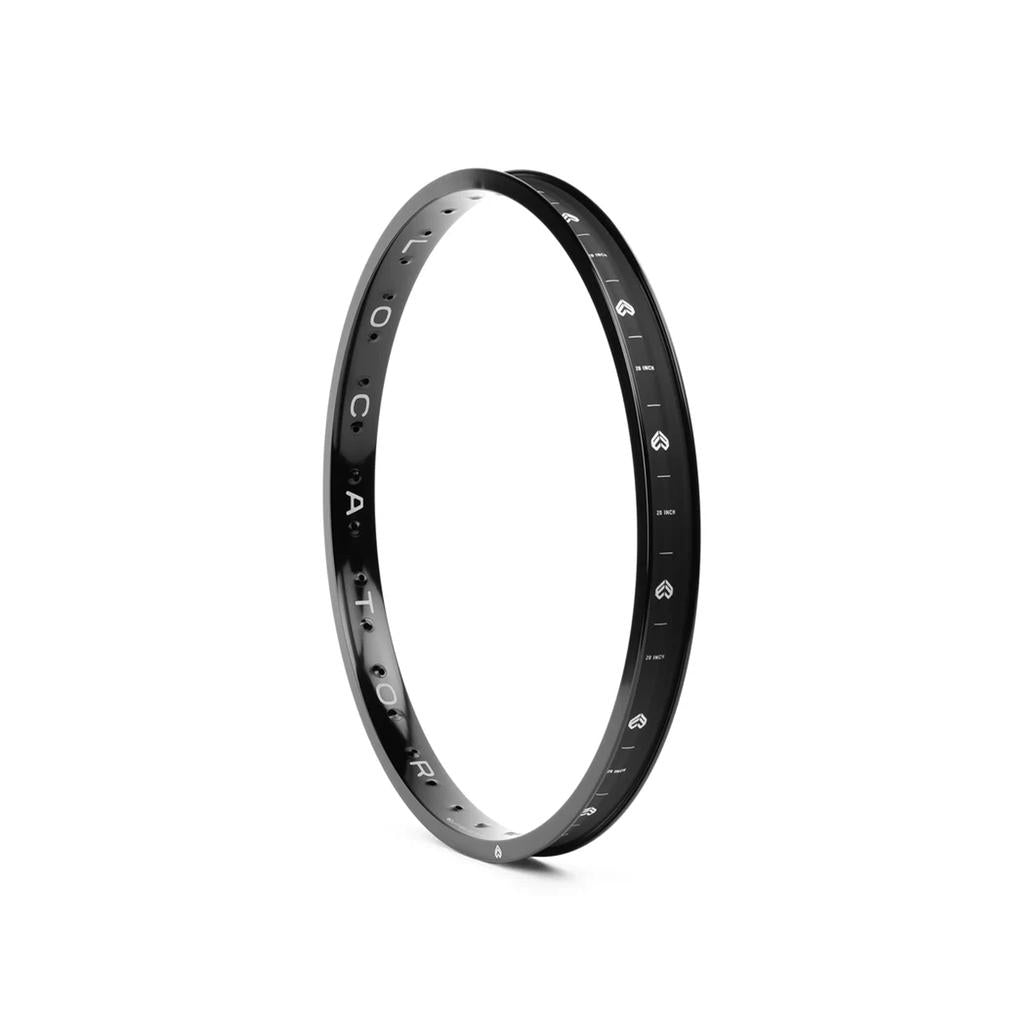 The Eclat Locator Rim is a black, circular metal BMX rim with white markings and symbols evenly spaced around its surface, designed for lightweight performance and shown against a white background.