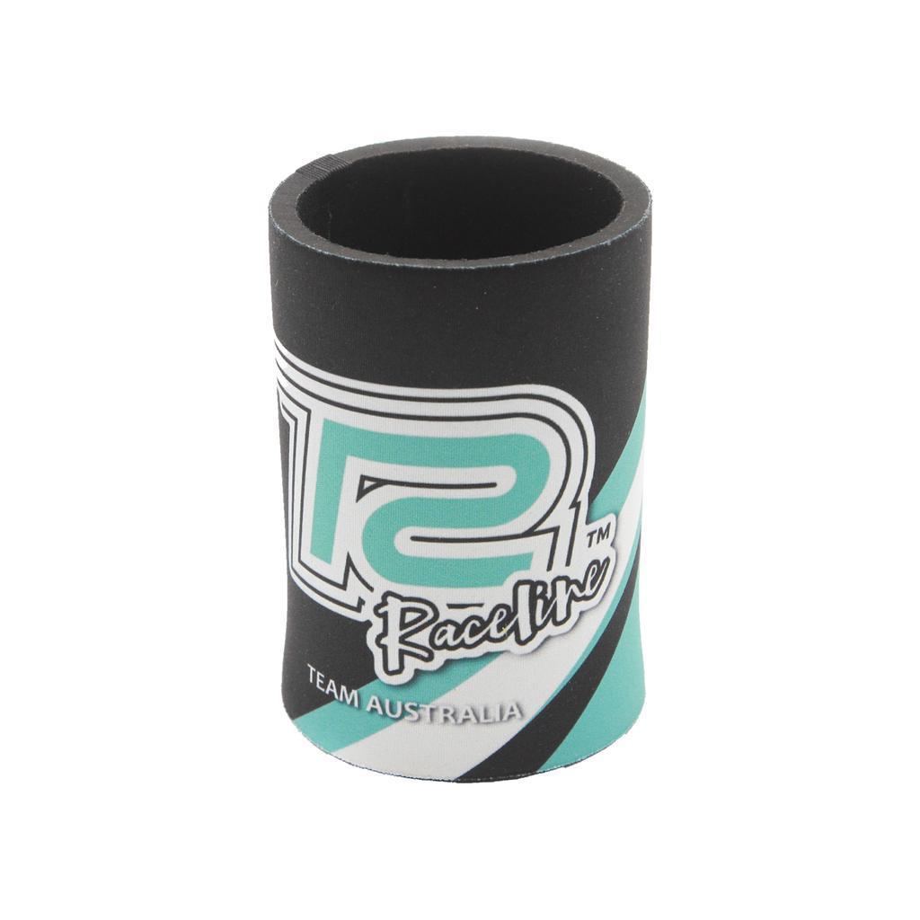 The Radio Raceline Team Issue Drink Cooler is a black cylindrical foam can cooler with teal and white accents, featuring "Raceline" and "Team Australia" text—ideal for track days or enjoying the radio.
