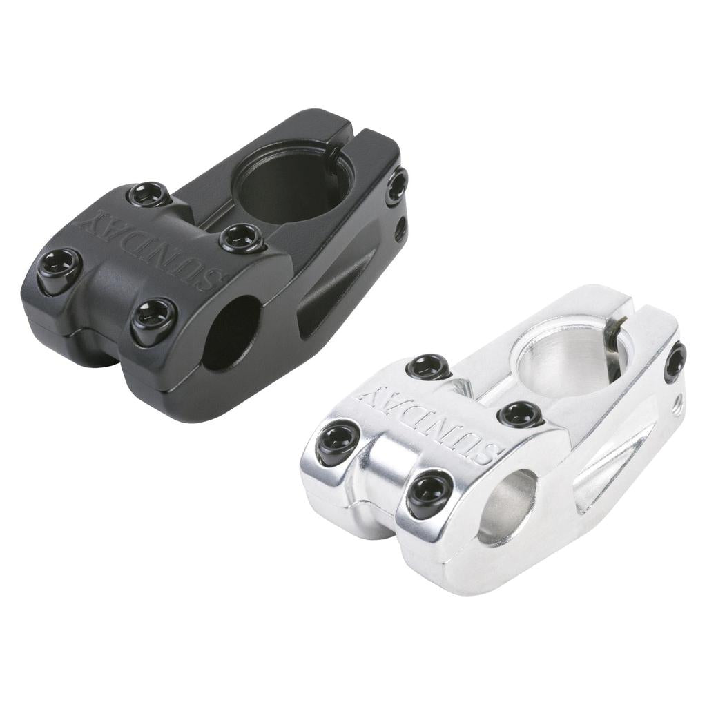 The Sunday Freeze T/L Stem, available in black and silver, is crafted from die-cast aluminum and features a top-load design with multiple bolt holes and embossed branding.