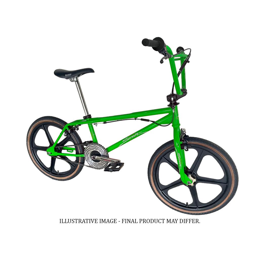 A green Skyway Street Beat EX 20 Inch Bike with black mag wheels and straight handlebars. Image for illustration purposes; actual product may differ.