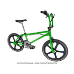 A green Skyway Street Beat EX 20 Inch Bike with black mag wheels and straight handlebars. Image for illustration purposes; actual product may differ.