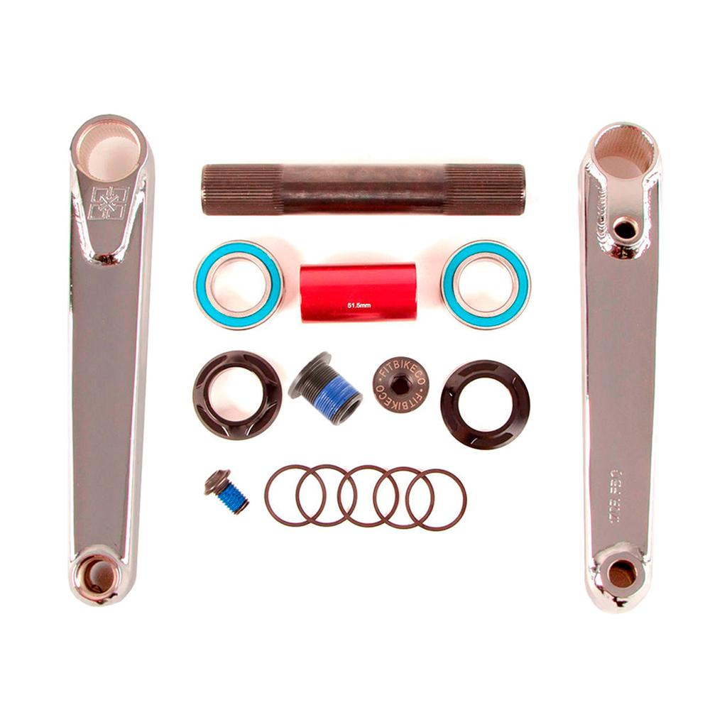 Fit Blunt Cranks with heat-treated chromoly construction, hollow 24mm spindle, bearings, spacers, and hardware are neatly arranged on a white background.