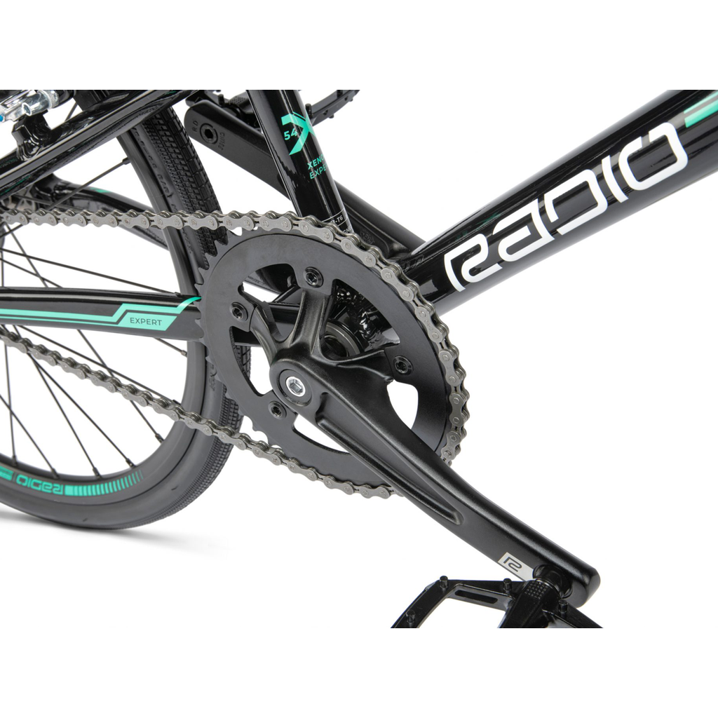 A black and green Radio Xenon Expert Bike with a chain on it.