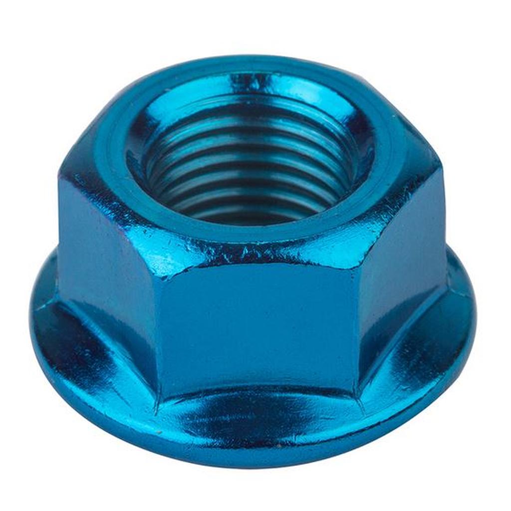 A close-up of MCS Axle Nuts (Pair), blue hexagonal flanged nuts with internal threading, typically used as 3/8" 26TPI steel axle nuts for MCS Bicycles, shown against a plain white background.