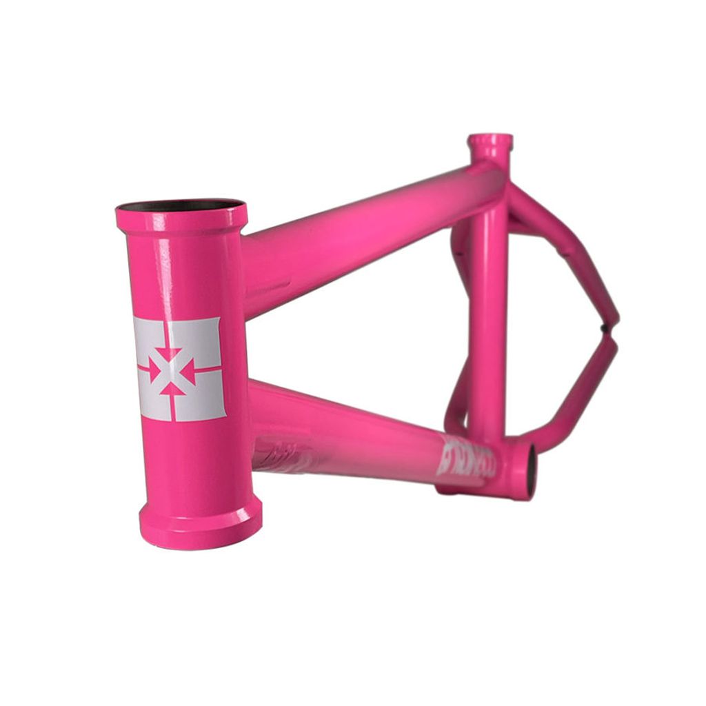 The Fit Bike Co Shortcut V2 Frame showcases a striking white cross pattern near the head tube, ideal for tech riders who want both style and performance.