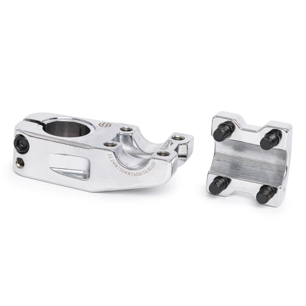 Salt Am V2 Top Load Stem (22.2mm Clamp) in silver 6061 T6 alloy with four-bolt faceplate removed, showing mounting bolts. Both metal components are displayed on a white background, highlighting the top load stem design for enhanced strength and durability.