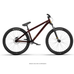 Side view of a maroon Radio Griffin 26 Inch Dirt Jumper Bike featuring a sloping top tube, flat handlebars, black saddle, and Maxxis DTH tyres on a white background.