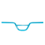 The Radio Raceline Xenon Junior Handlebar is a blue metal bicycle handlebar with a raised, curved design, perfect for the young racer seeking performance. This super lightweight alloy handlebar ensures agility and control on every ride.