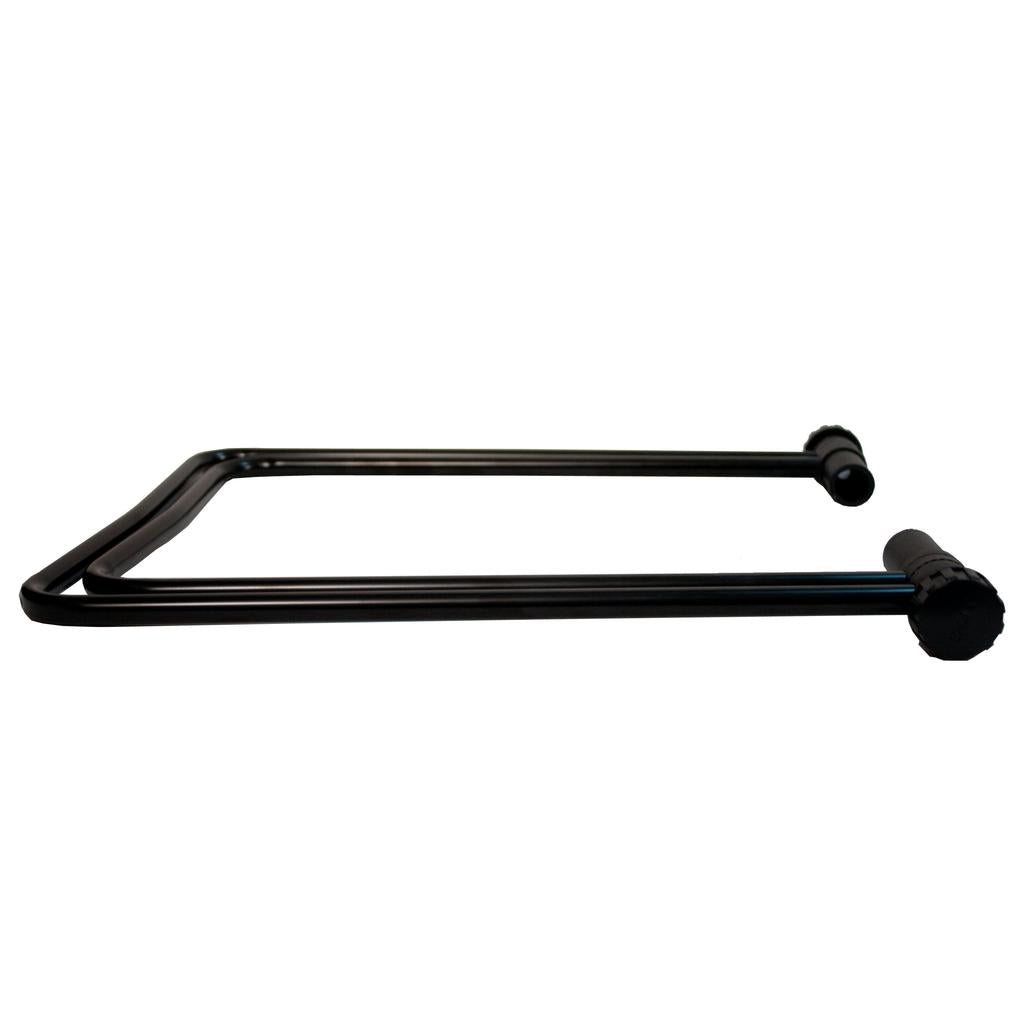 The Hi-Tech Display Stand features a black powder-coated metal towel bar with cylindrical wall mounts, displayed against a white background—perfect for showcasing in any modern showroom.