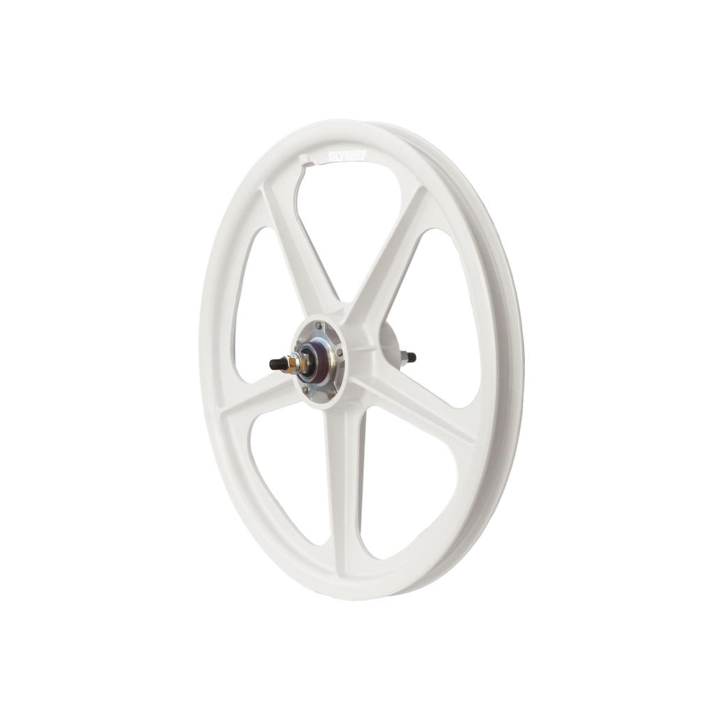 The Skyway TUFF II Silver Rivet 20 Inch Rear Wheel features a white five-spoke design with a central hub, axle, and precision sealed bearings, displayed against a plain white background.