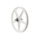 The Skyway TUFF II Silver Rivet 20 Inch Rear Wheel features a white five-spoke design with a central hub, axle, and precision sealed bearings, displayed against a plain white background.