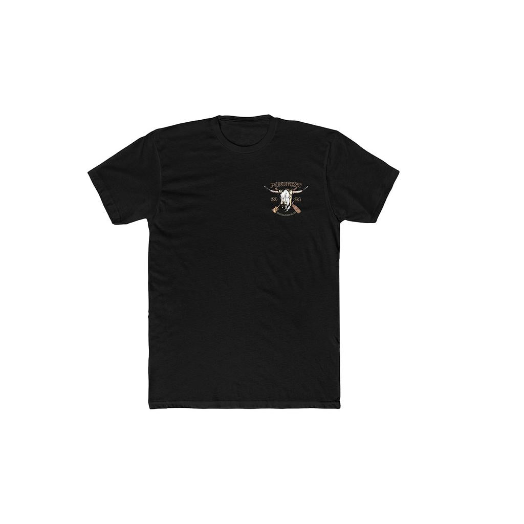 The S&M Pondfest 2024 T-Shirt is a black short-sleeve tee with a small crossed axes and skull graphic on the left chest—your perfect adventure shirt and this year's must-have Pondfest tee.