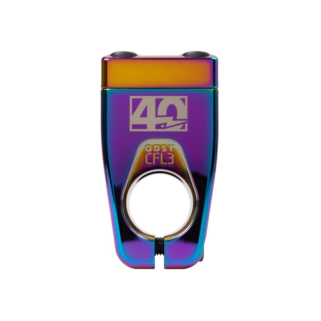 The Odyssey CFL3 40th Anniversary Front Load Stem features a limited edition iridescent finish with "40" and "ODSY CFL3" engraved to mark the 40-year milestone.