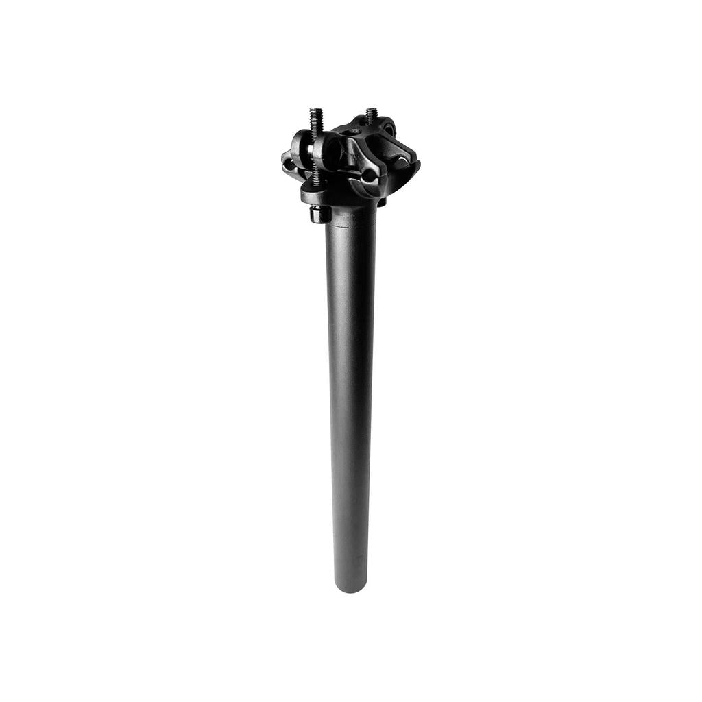 The Fit Bike Co Micro Adjust Seat Post, black, 25.4 x 320mm with a clamp mechanism on top, is pictured against a white background.