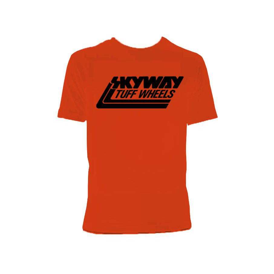 An orange Skyway Tuff Wheel Retro Classic T-Shirt featuring the text "hyway the wheels" inspired by Skyway Retro T-Shirts.
