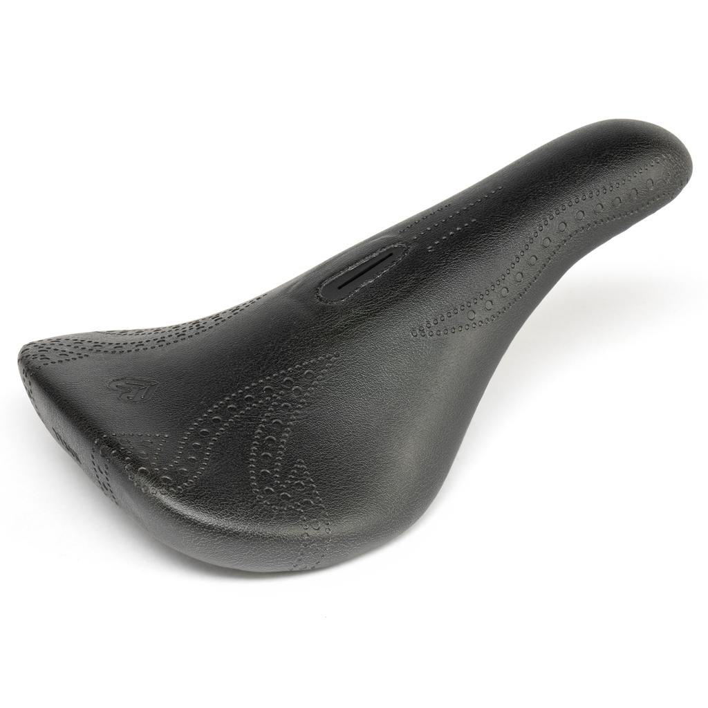 The Eclat Exile Pivotal Seat / Tyson features a black BMX design with perforated patterns and a central cutout for airflow, delivering both style and comfort to your ride.