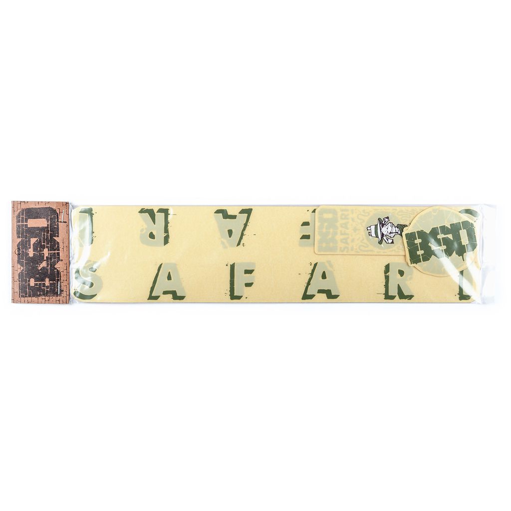 A yellow wristband with black camouflage text that reads "BSD Safari" is displayed in its packaging, alongside a selection of BSD Safari Frame 2019 Decal Sets as replacement sticker packs.