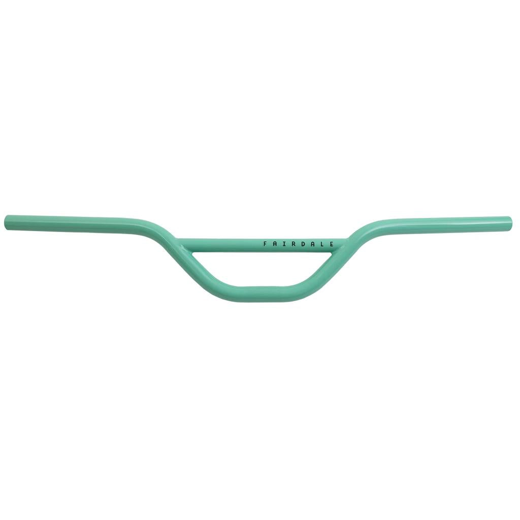 The Fairdale MX-4 Bars are turquoise chromoly handlebars with a slight rise and "Fairdale" printed at the center, offering a classic BMX look.