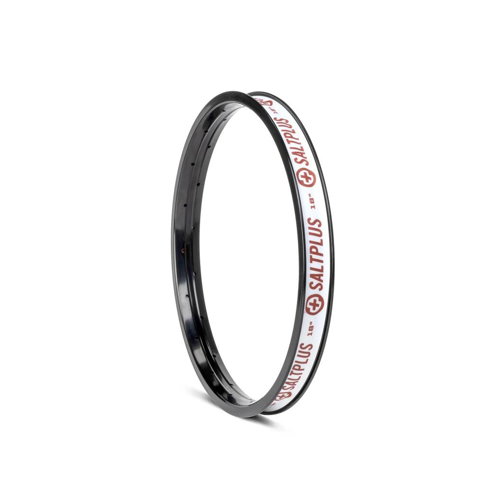 The Salt Mesa 18 Inch Rim, made from durable 6061-T6 alloy, boasts a sleek black finish with a distinctive white band featuring bold red "SALTPLUS" lettering. Its double-wall design guarantees robust performance and reliability for every ride.