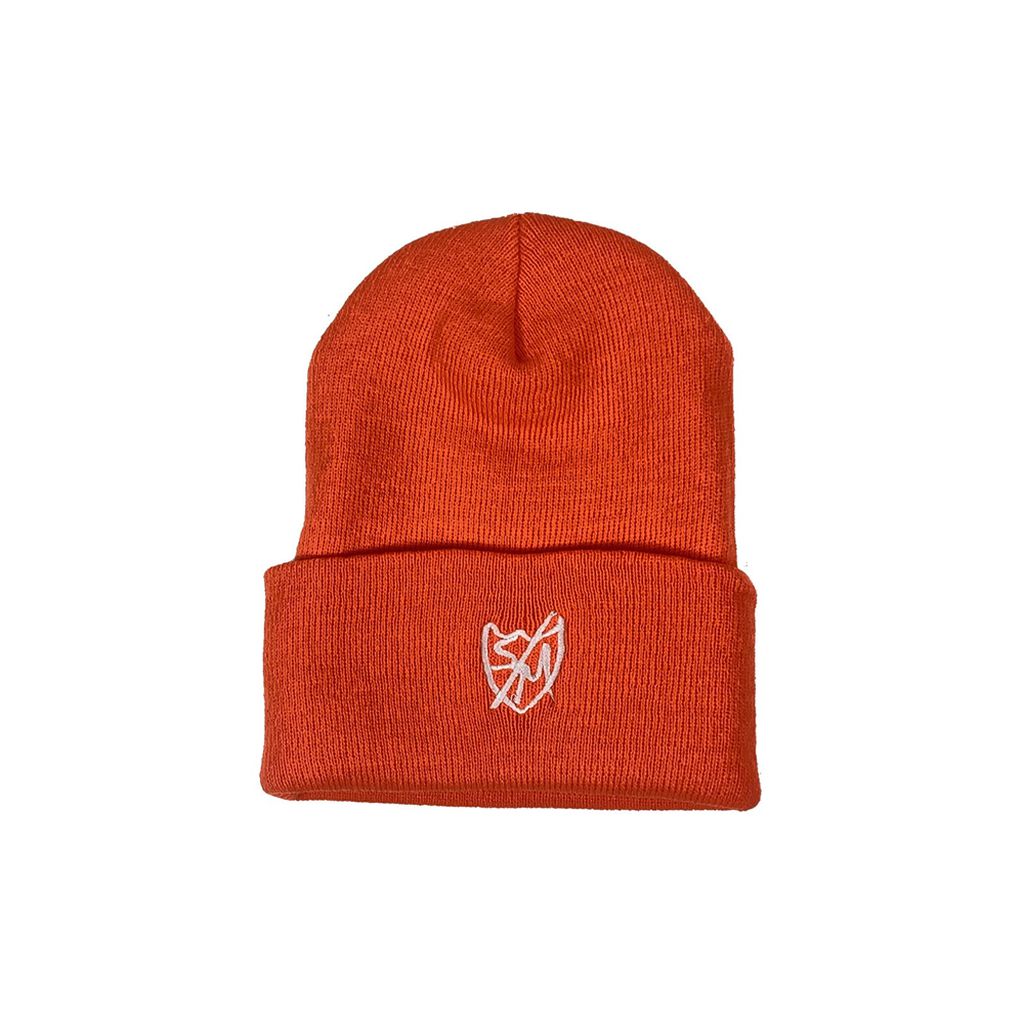 S&M Sharpie Shield Beanie, designed in bright orange and made from hypoallergenic acrylic, features a stylish white embroidered logo on the front.