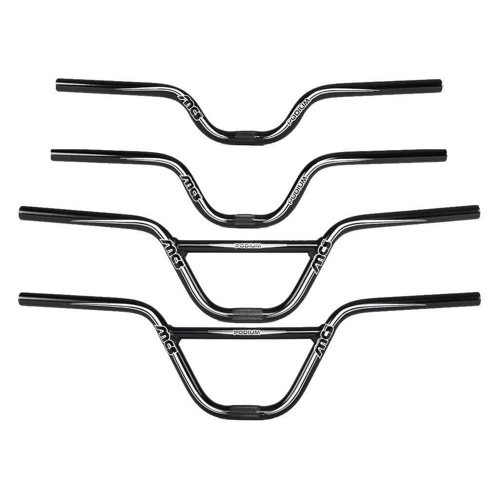 Four black MCS Podium Bars (22.2mm Clamp) of different heights are stacked horizontally, each labeled "MCS" and "Podium" in white—premium aluminium handlebars crafted for BMX riders.