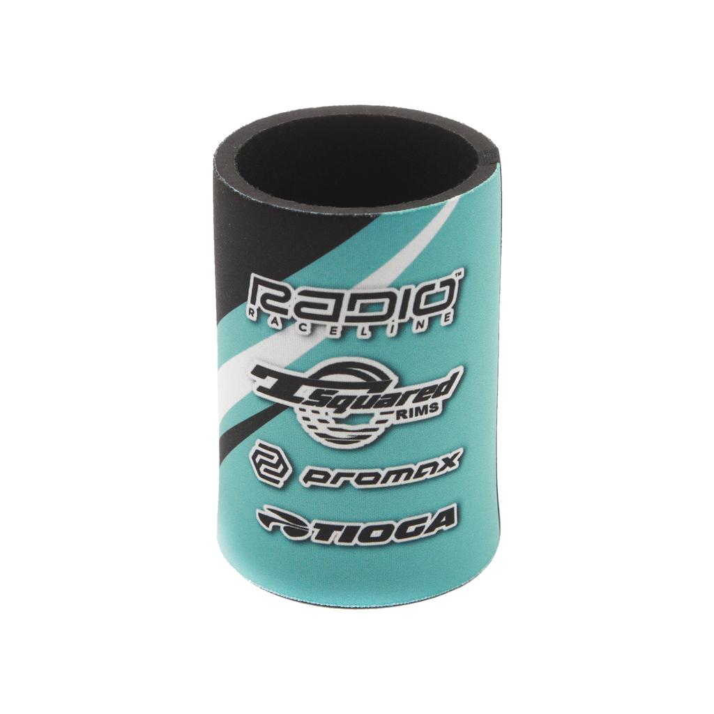 The Radio Raceline Team Issue Drink Cooler is a teal and black foam spacer with a cooler track style, featuring logos for Radio Raceline, I-Squared Rims, Promax, and Tioga.