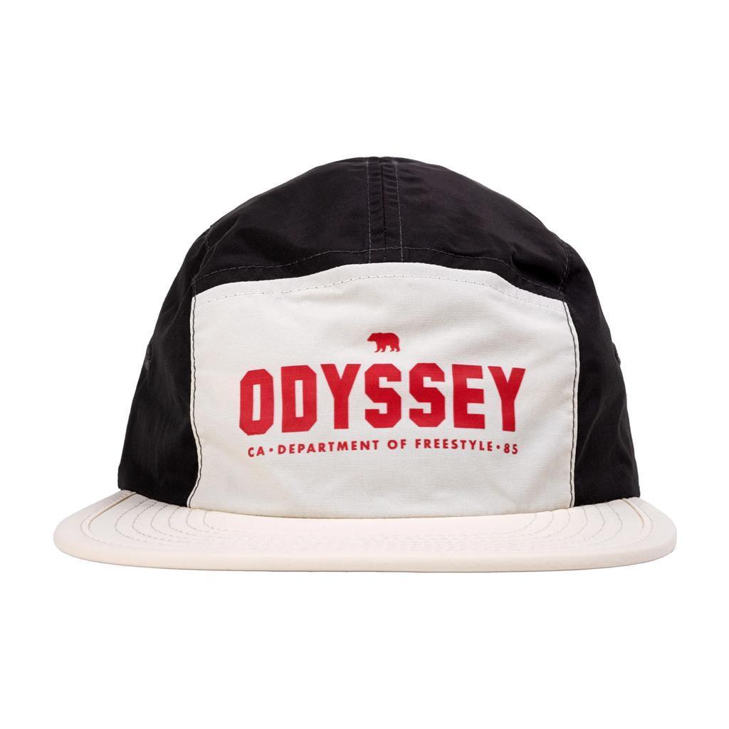 The Odyssey Campus Cap is a black and white 5-panel hat with a flat brim, featuring "ODYSSEY" and a small red bear logo on the front panel.