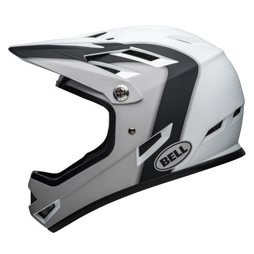 The Bell Sanction Matte Black/White Presence Helmet is a full-face helmet featuring ventilation slots and a visor, designed as the lightest full-face BMX race helmet for protective headgear in motorsports.