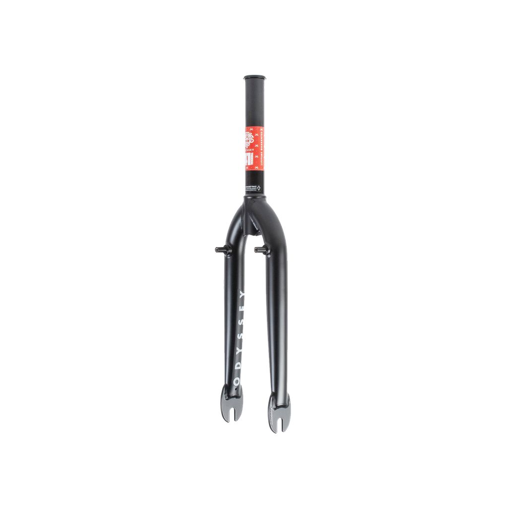 The black Odyssey F-Zero Flatland Forks are crafted from durable chromoly, featuring "Odyssey" on one side and a red label near the top, as part of the 41-Thermal F-Series collection for superior strength and performance.