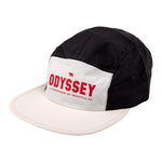 The Odyssey Campus Cap is a black and white 5-panel cap with a white bill and red "ODYSSEY LA DEPARTMENT OF FREESTYLE • 85" text on the front.