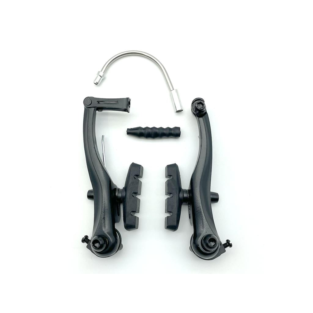 The DRS MV993 V-Brake (108mm) set includes two replacement calipers, brake pads, a noodle tube, and a rubber boot—ideal as a budget-friendly alloy brake upgrade. All components shown on a white background.