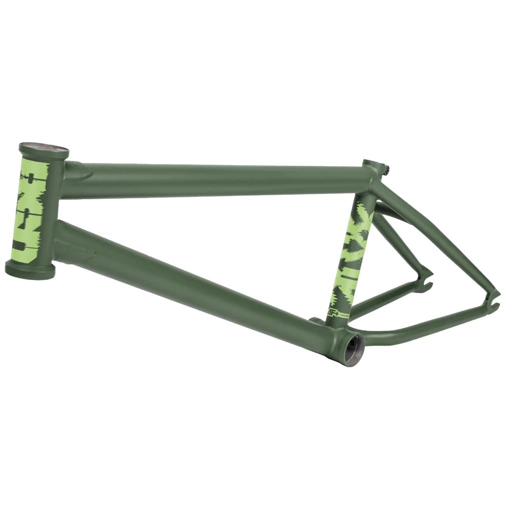 The BSD ALVX AF+ Frame (Alex Donnachie Signature) is a matte green BMX frame with light green graphics on the headset and seat tube, shown on a white background.