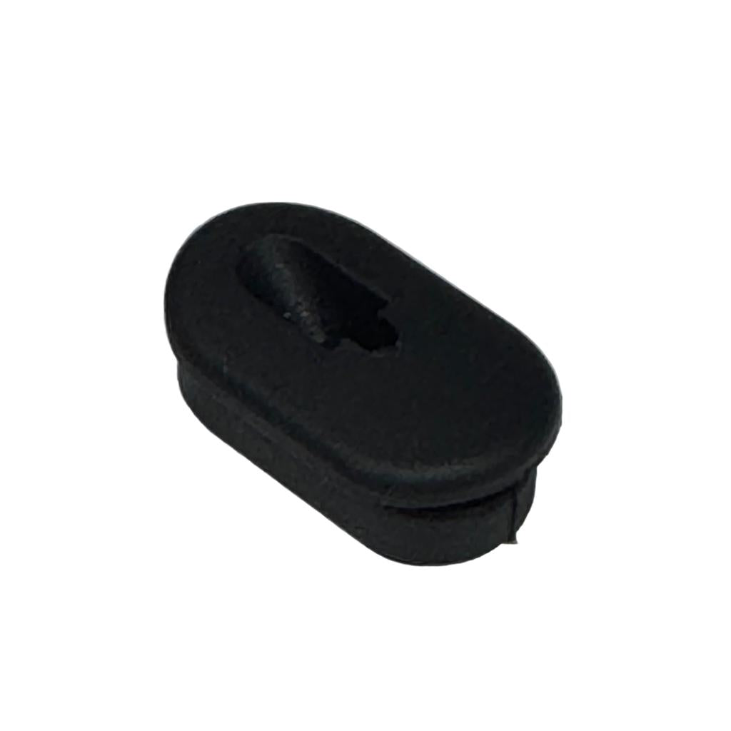 The Grommet For Internal Brake Hose Routing is a small, black, oval rubber grommet with a central slot and groove for internal or brake hose routing, shown on a white background.