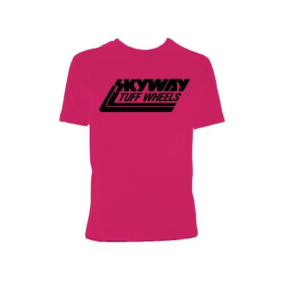 A pink Skyway Tuff Wheel Retro Classic T-Shirt featuring the words "hyway the wheels," reminiscent of Skyway Retro T-Shirts.