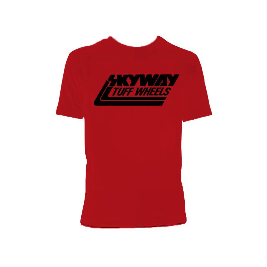A red USA Skyway Tuff Wheel Retro Classic T-Shirt with the words "Skyway Retro" on it.