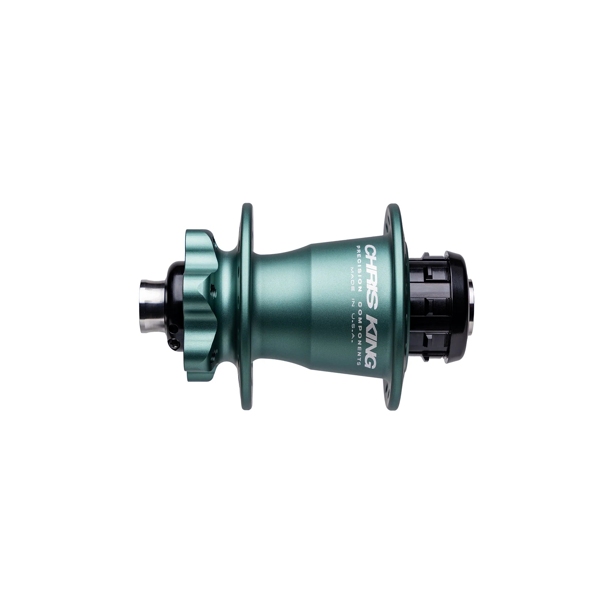 A green Chris King BMX 6-Bolt 15mm hub is displayed on a white background, showcasing its side profile with the visible Chris King logo and disc brake mount. This BMX disc hub features a robust 15mm thru-axle design for durability and signature Chris King performance.