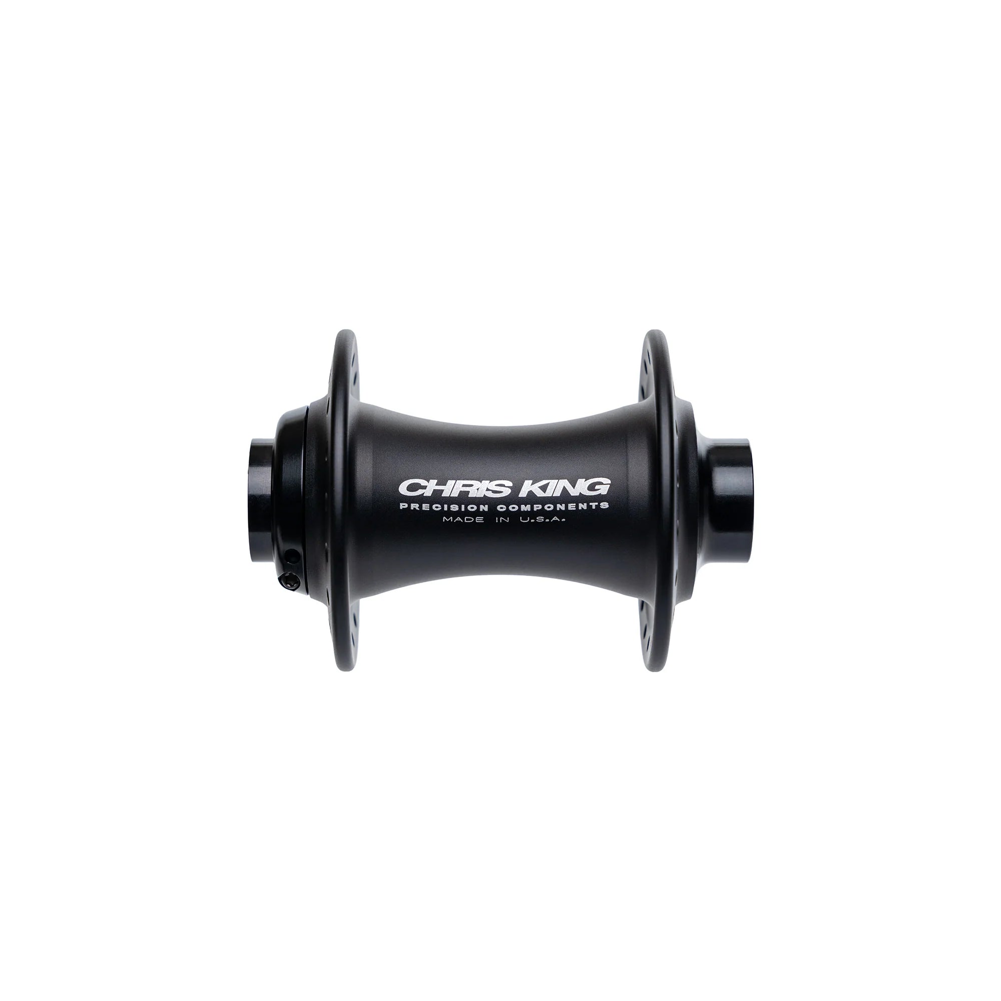 Chris King BMX Front Hub 20mm with flanges and “Chris King Precision Components Made in U.S.A.” printed in white on the center section, shown against a white background. This lightweight, race-focused hub is designed for performance BMX riders seeking premium quality.