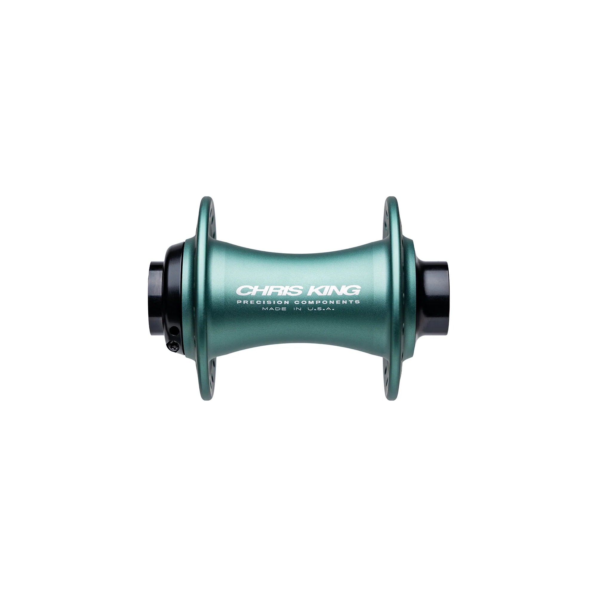 A Chris King BMX Front Hub 20mm in teal is shown against a white background, featuring the brand name and ‘Precision Components’ text in white lettering. This lightweight, race-focused hub incorporates the renowned engineering of Chris King’s BMX hubs, making it an ideal option for riders who prioritize both performance and style.