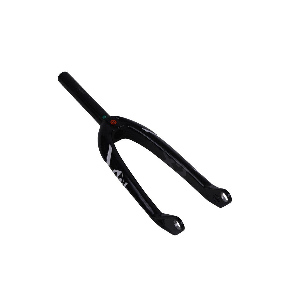 The Box One X2 Pro 20 Inch 20mm Carbon Fork features a sleek black design with a glossy finish, visible sockets for effortless wheel attachment, and a chromoly steerer tube. Engineered with precision, it is compatible with a 20mm thru-axle, making it an excellent choice for BMX carbon fork enthusiasts who prioritize performance and style.