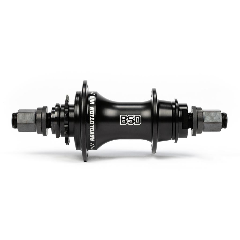 The BSD Revolution Rear Freecoaster Hub in black features a planetary clutch system, flanged ends, sturdy bolts, and visible branding against a white background.