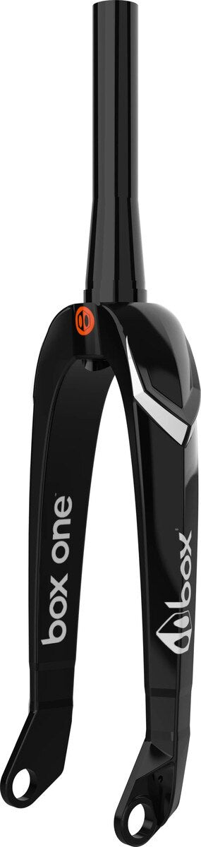The Box One Oversized X6 Pro Carbon Fork features a glossy black finish, vertical steerer tube, and dual axle mounts at the bottom for enhanced steering stiffness and precise bike control.