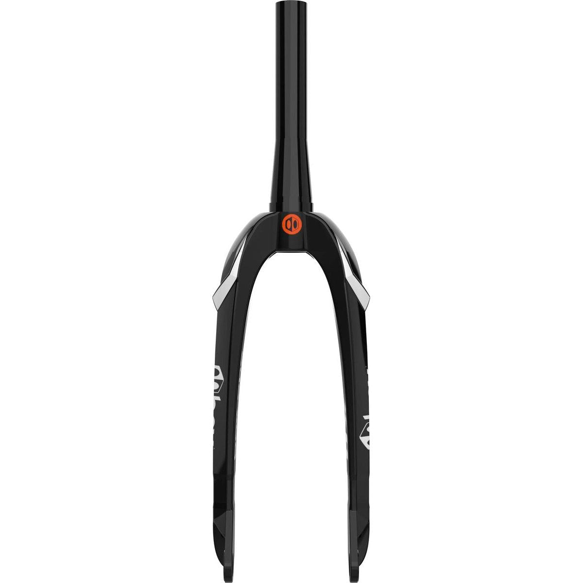 The Box One Oversized X6 Pro Carbon Forks feature a black finish, straight steerer, two fork legs, an orange circular logo at the crown, and use Oversized Technology for enhanced steering stiffness and bike control.