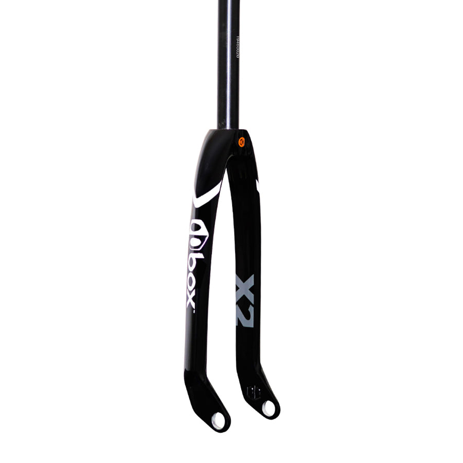 A Box One X2 Carbon Fork with a logo, perfect for BMX racers.