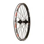 The Box Three Pro Front Wheel 20 x 1.75" 10mm Black features a black and silver BMX race design with spokes, hub, and red "dbox" plus white "boy one" text on the rim, shown against a white background.