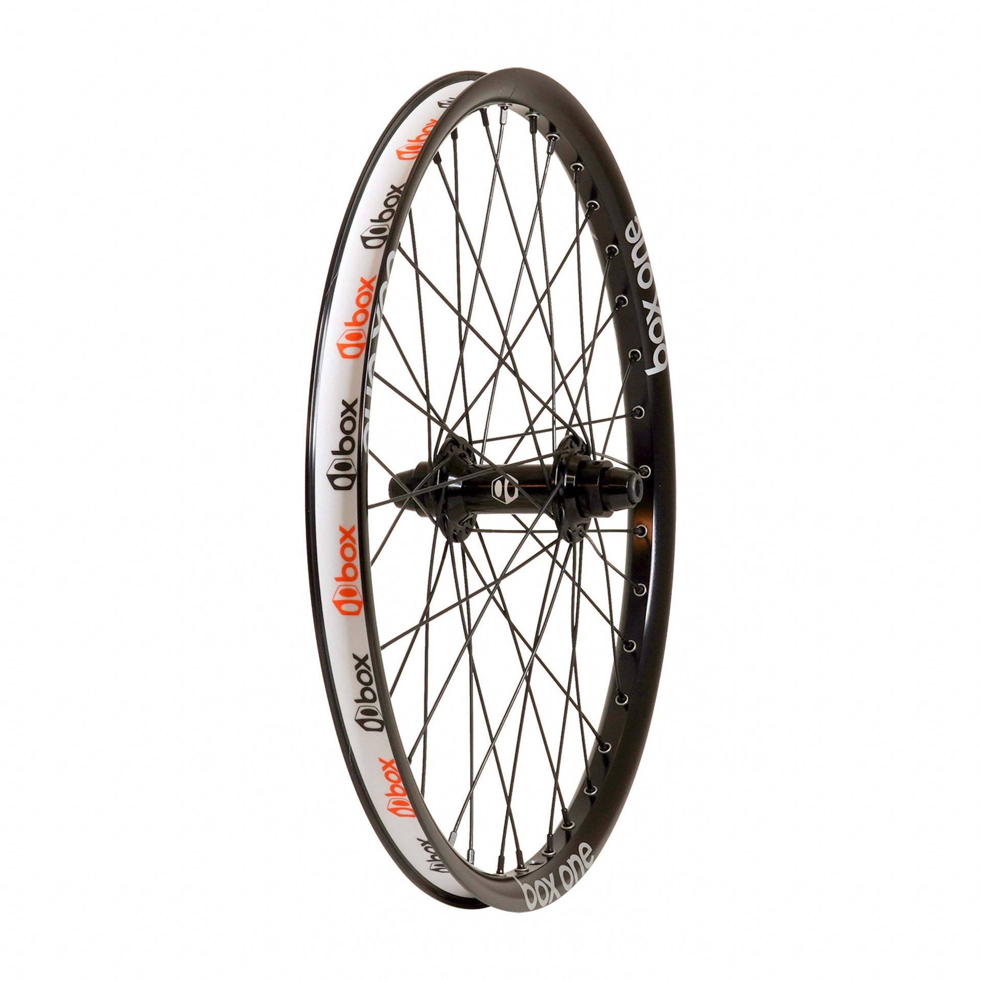 The Box Three Pro Front Wheel 20 x 1.75" 10mm Black features a black and silver BMX race design with spokes, hub, and red "dbox" plus white "boy one" text on the rim, shown against a white background.