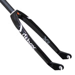 A close-up of the sleek and lightweight Box One XL Pro Lite 20 Inch 10mm Carbon Fork in black, featuring "Box" branding, pro-sized dropouts, and a carbon steerer tube.