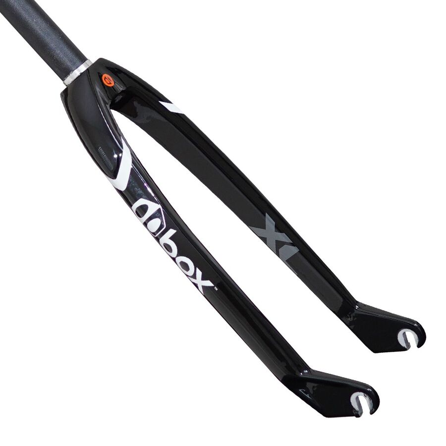A close-up of the sleek and lightweight Box One XL Pro Lite 20 Inch 10mm Carbon Fork in black, featuring "Box" branding, pro-sized dropouts, and a carbon steerer tube.