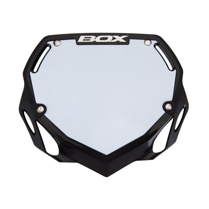 The Box Two Phase 1 Number Plate Large in black and white, commonly seen in the UCI/GSX Super Cross Series, features four small screw holes at the corners for secure attachment.
