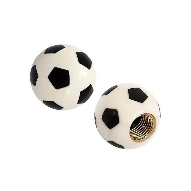 Soccer Ball Schrader Valve Caps (Pair) feature a black and white soccer ball design, ideal for giving your BMX bike a sporty accent. Each cap is designed for Schrader valves, with one displaying a metal-threaded insert to ensure secure attachment.