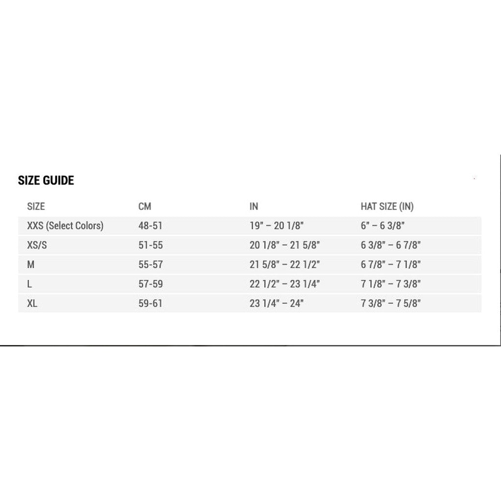 The size guide for the men's and women's Bell Sanction 2 Matte Black helmet sizes.